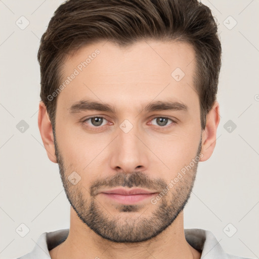 Neutral white young-adult male with short  brown hair and brown eyes