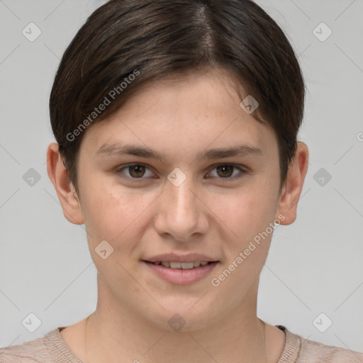 Joyful white young-adult female with short  brown hair and grey eyes