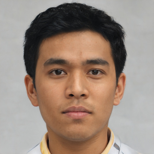 Neutral asian young-adult male with short  black hair and brown eyes