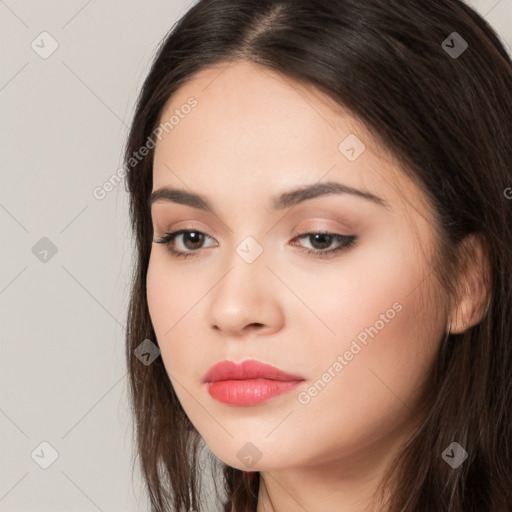 Neutral white young-adult female with long  brown hair and brown eyes