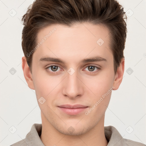 Neutral white young-adult male with short  brown hair and brown eyes