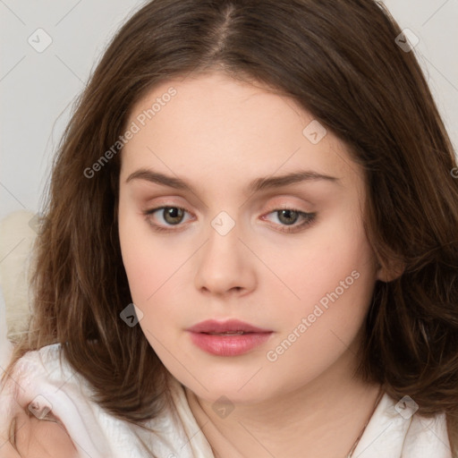 Neutral white young-adult female with medium  brown hair and brown eyes