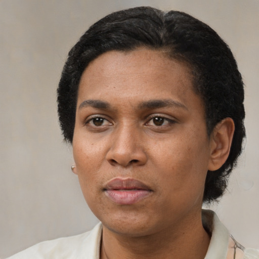 Neutral black adult female with short  black hair and brown eyes