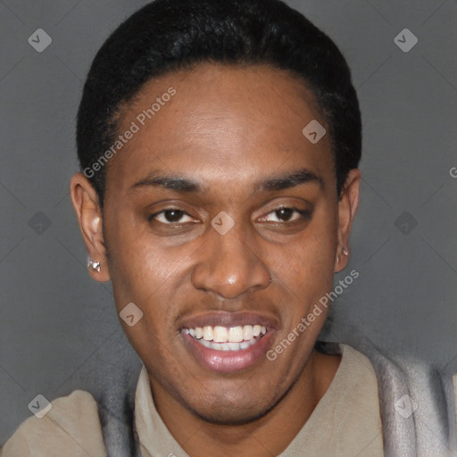 Joyful black young-adult male with short  black hair and brown eyes