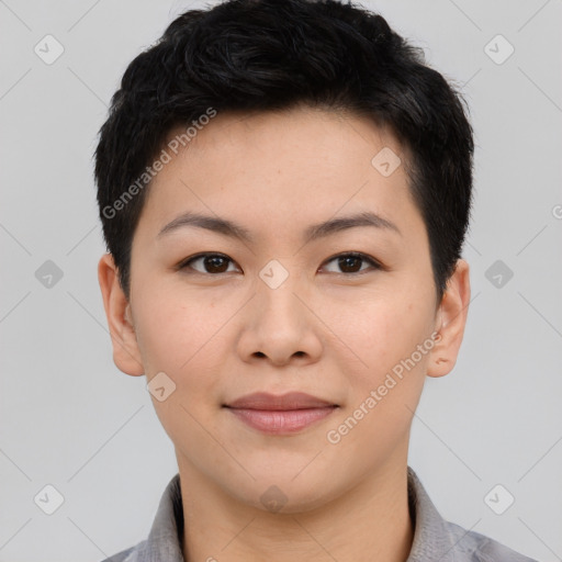 Joyful asian young-adult female with short  brown hair and brown eyes