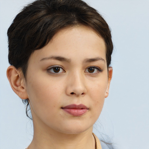 Neutral white young-adult female with short  brown hair and brown eyes