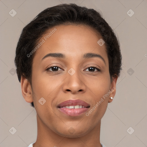 Joyful white young-adult female with short  brown hair and brown eyes