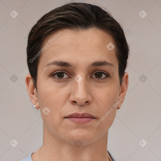 Neutral white young-adult female with short  brown hair and brown eyes