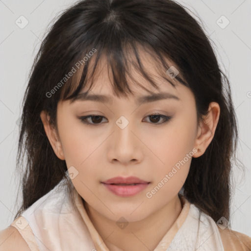 Neutral asian young-adult female with medium  brown hair and brown eyes