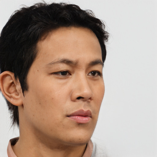 Neutral asian young-adult male with short  brown hair and brown eyes