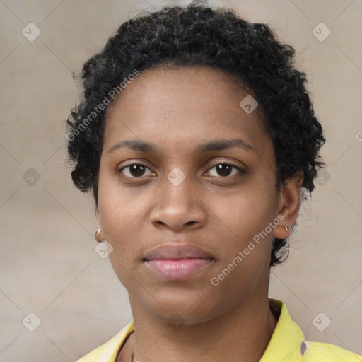 Neutral black young-adult female with short  black hair and brown eyes