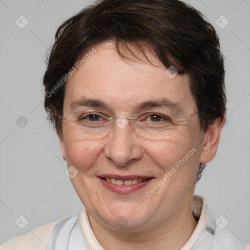 Joyful white adult female with short  brown hair and brown eyes