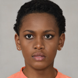 Neutral black young-adult female with short  black hair and brown eyes