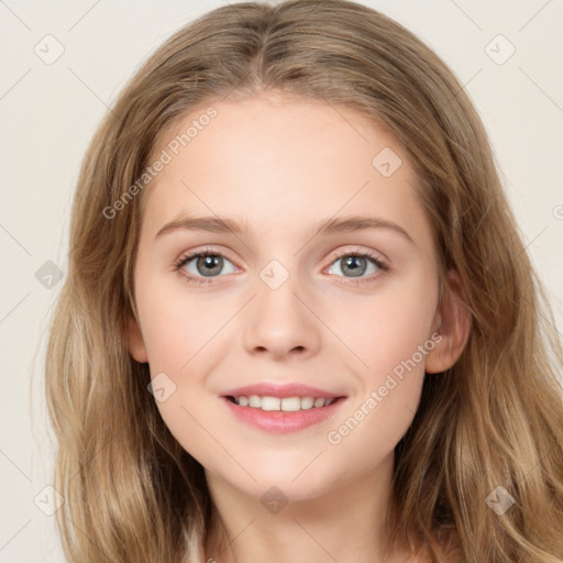 Joyful white young-adult female with long  brown hair and green eyes