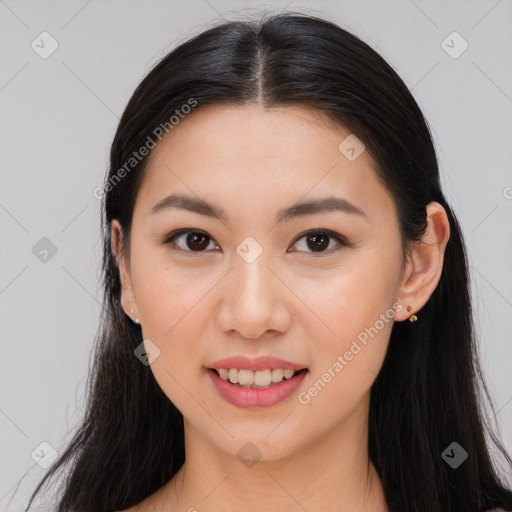 Joyful white young-adult female with long  brown hair and brown eyes