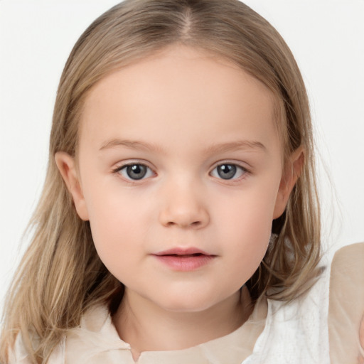 Neutral white child female with medium  brown hair and grey eyes