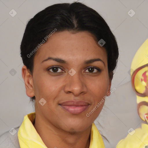 Joyful asian young-adult female with short  brown hair and brown eyes