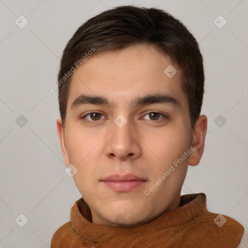 Neutral white young-adult male with short  brown hair and brown eyes