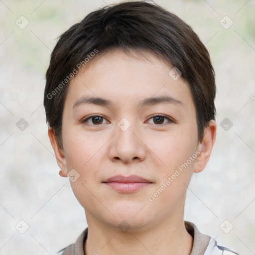 Neutral white young-adult female with short  brown hair and brown eyes