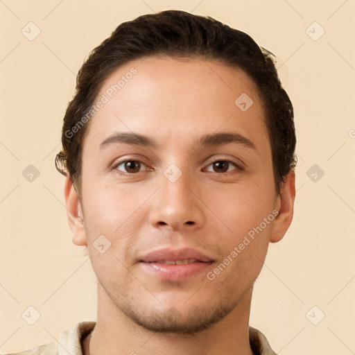 Neutral white young-adult male with short  brown hair and brown eyes