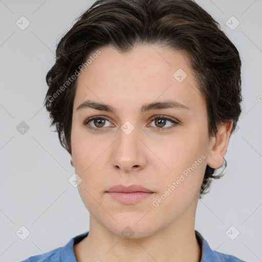 Neutral white young-adult female with short  brown hair and brown eyes