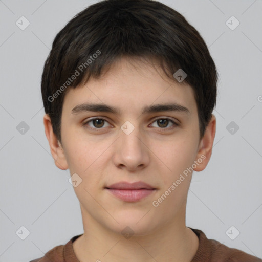 Neutral white young-adult male with short  brown hair and brown eyes