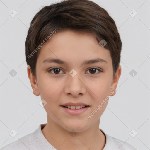 Joyful white child female with short  brown hair and brown eyes