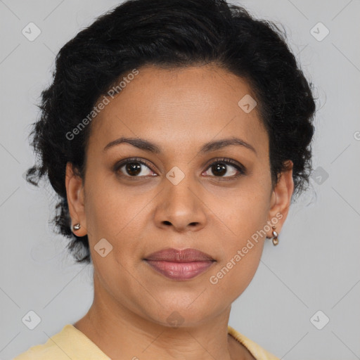 Joyful latino young-adult female with short  brown hair and brown eyes