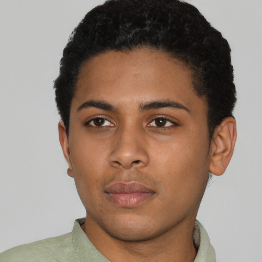 Neutral black young-adult male with short  black hair and brown eyes