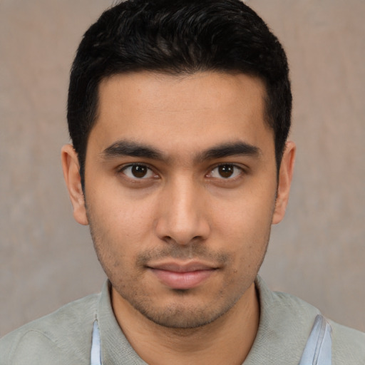 Neutral asian young-adult male with short  black hair and brown eyes