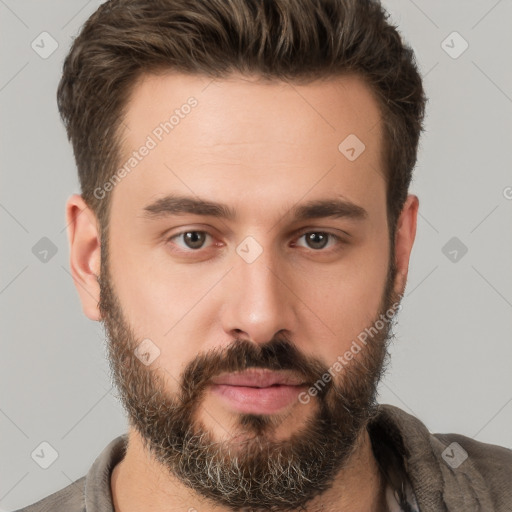 Neutral white young-adult male with short  brown hair and brown eyes