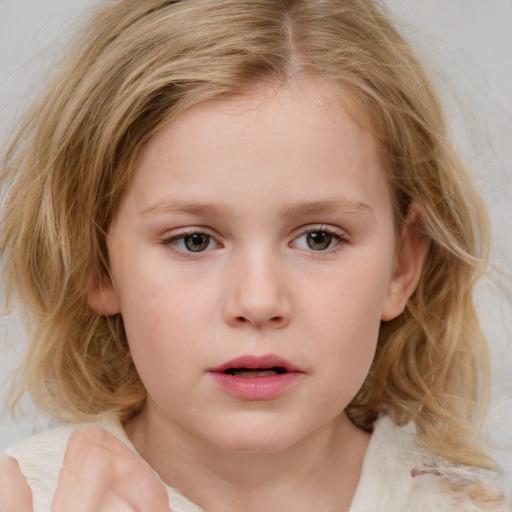 Neutral white child female with medium  brown hair and blue eyes