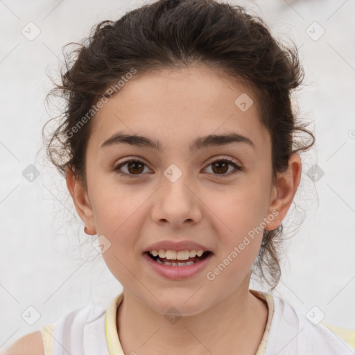 Joyful white child female with medium  brown hair and brown eyes