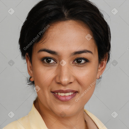 Joyful latino young-adult female with medium  brown hair and brown eyes