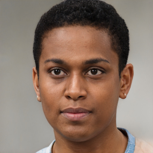 Joyful black young-adult male with short  brown hair and brown eyes