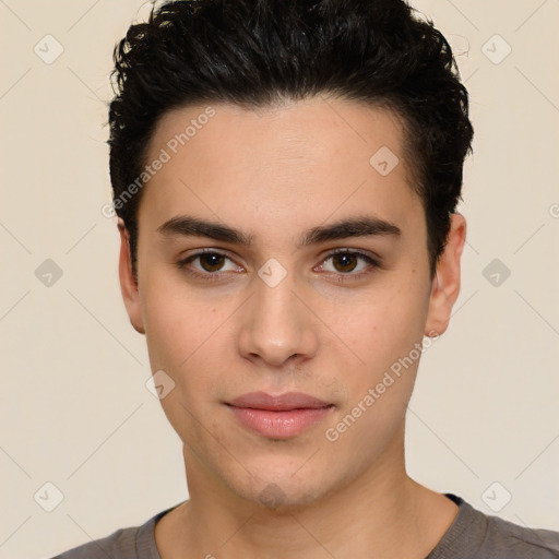 Neutral white young-adult male with short  black hair and brown eyes