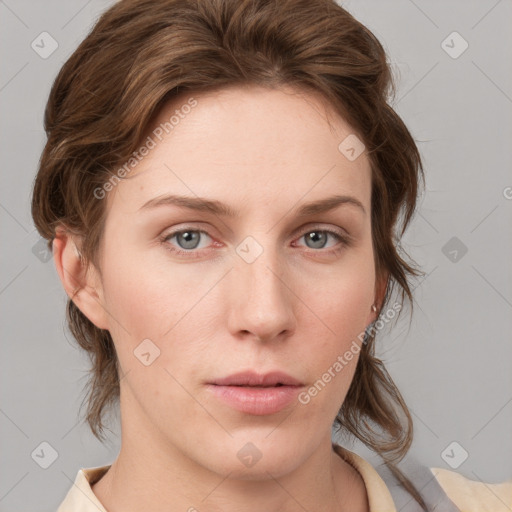 Neutral white young-adult female with medium  brown hair and blue eyes