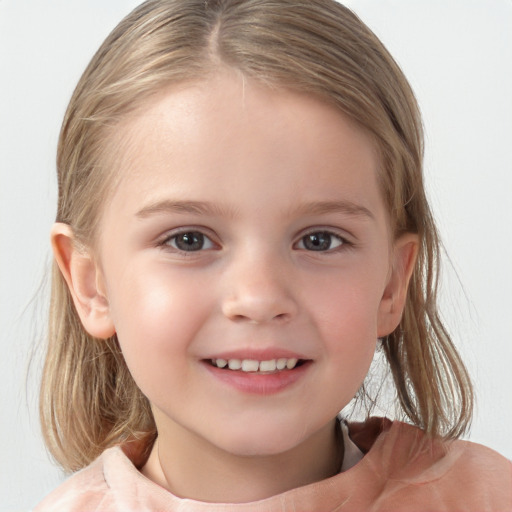 Joyful white child female with medium  brown hair and grey eyes