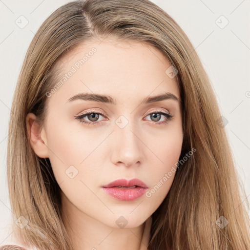 Neutral white young-adult female with long  brown hair and brown eyes