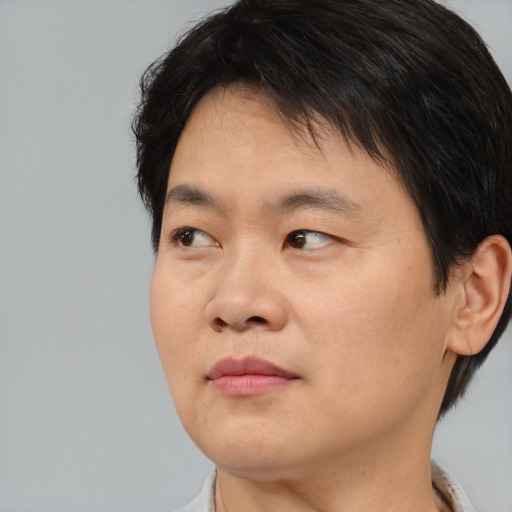 Joyful asian young-adult male with medium  brown hair and brown eyes