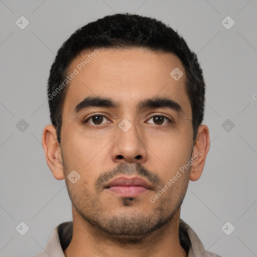 Neutral latino young-adult male with short  black hair and brown eyes