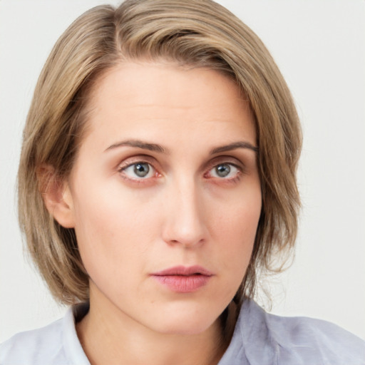 Neutral white young-adult female with medium  brown hair and blue eyes