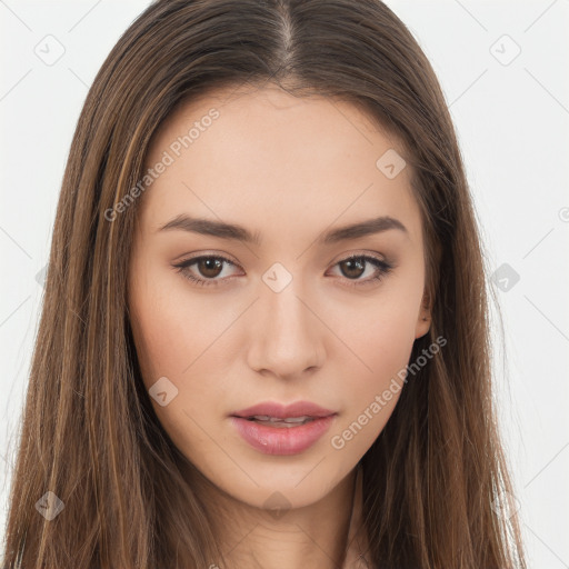 Neutral white young-adult female with long  brown hair and brown eyes