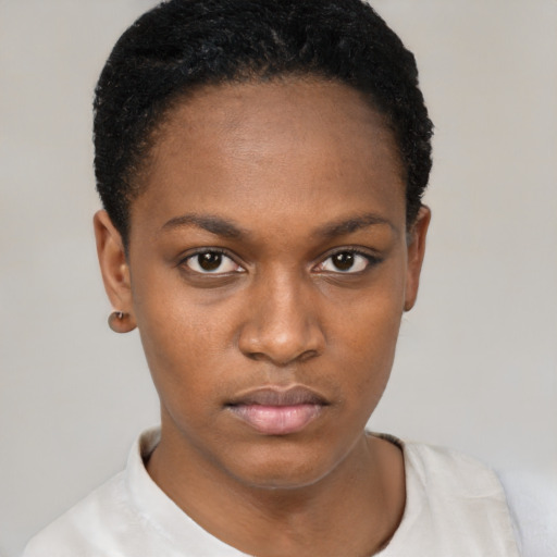 Neutral black young-adult female with short  black hair and brown eyes
