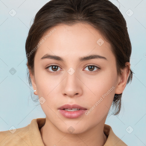 Neutral white young-adult female with medium  brown hair and brown eyes