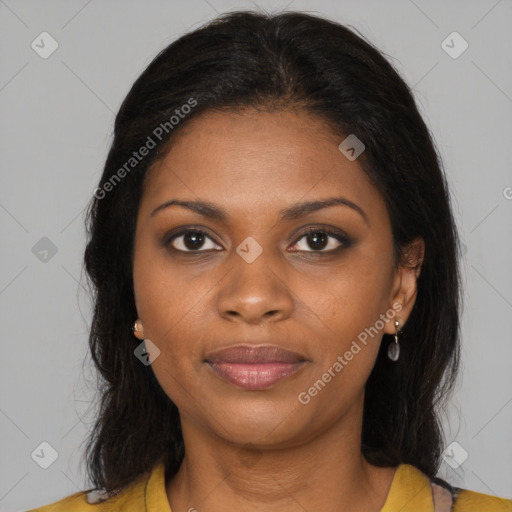 Joyful black young-adult female with medium  brown hair and brown eyes