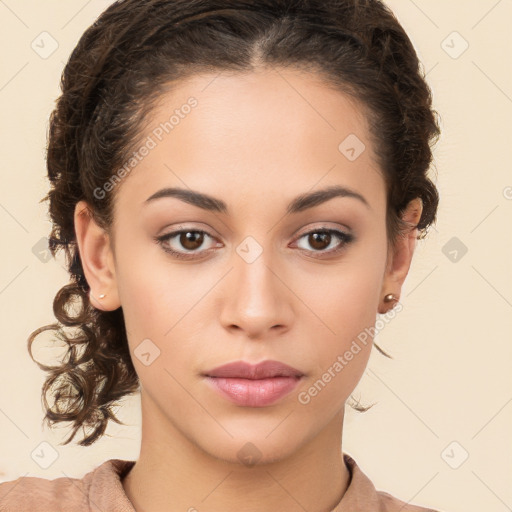 Neutral white young-adult female with long  brown hair and brown eyes