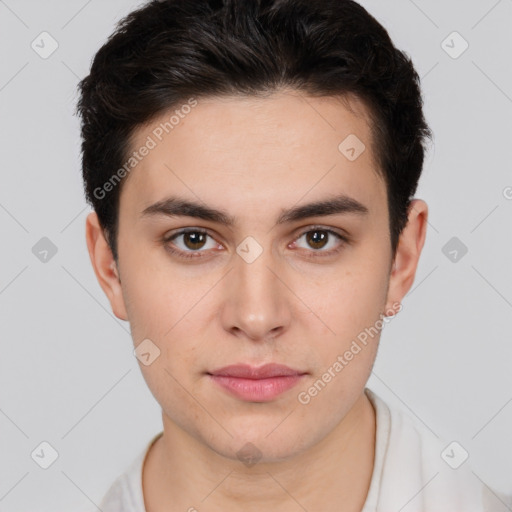 Neutral white young-adult male with short  brown hair and brown eyes