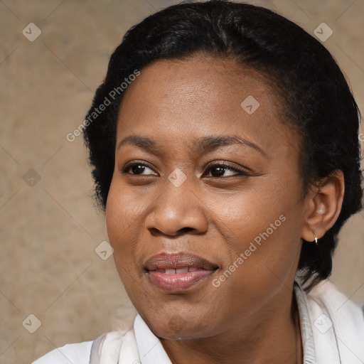 Joyful black adult female with short  brown hair and brown eyes