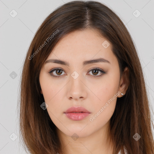 Neutral white young-adult female with long  brown hair and brown eyes